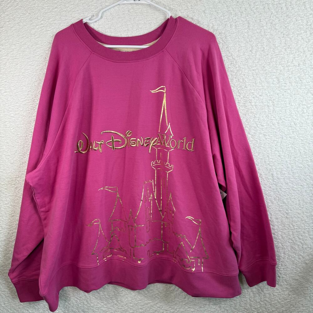 NWT Disney womens pink magic kingdom embroidered gold sweater crew neck size 3xl